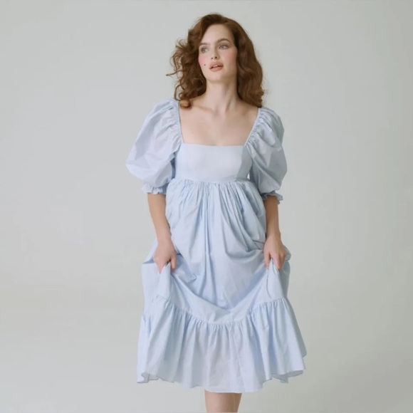 Selkie Cottage French Puff Dress Light Blue XXS Puff Sleeve Fit & Flare